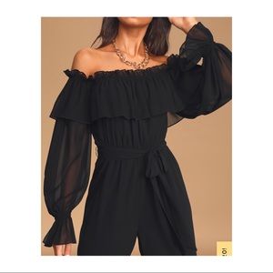 NWOT Lulu’s black off the shoulder wide leg jumpsuit with sheer sleeves. XS